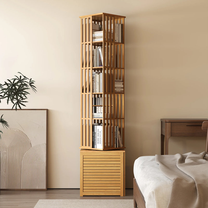 Rotating Bookcase With Storage Cabinet, Bamboo Bookshelf 360° Spinning 7 Tier Tall Narrow Display Tower Shelf, Natural