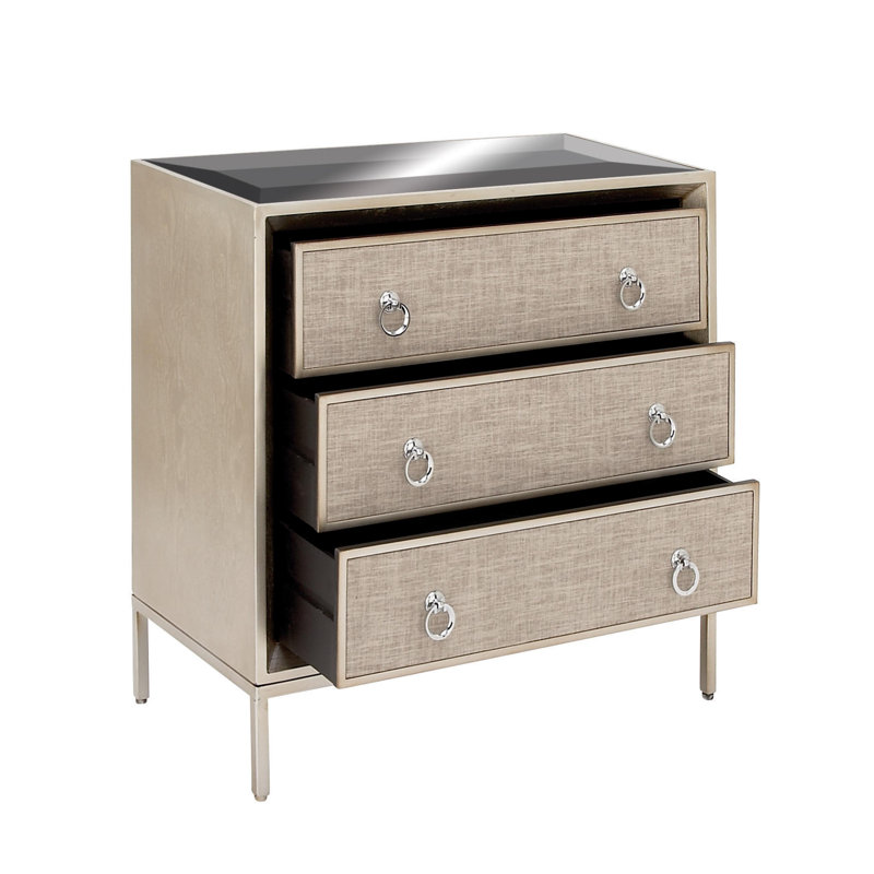 Beige Upholstered 3 Drawer Chest with Mirrored Top and Ring Handles