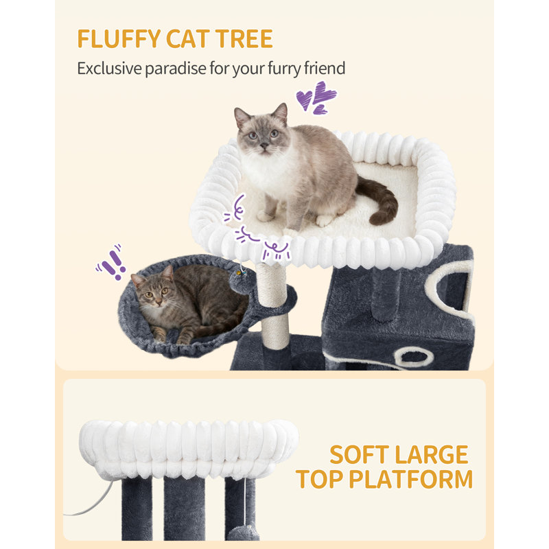 98cm Cat Tree, Cat Tower for Indoor Cats, Multi-Level Cats House Furniture with Scratching Post, 2 Caves, Large Platform, Scratching Ramp, Pompom