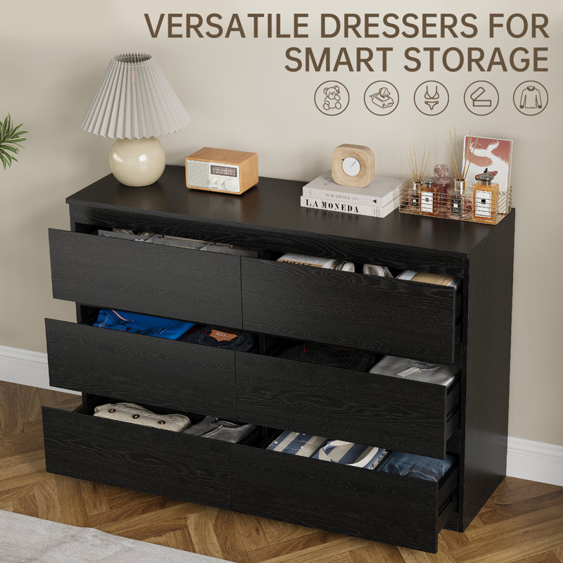 6-Drawer Double Dresser, 47.2’’W, Black Oak