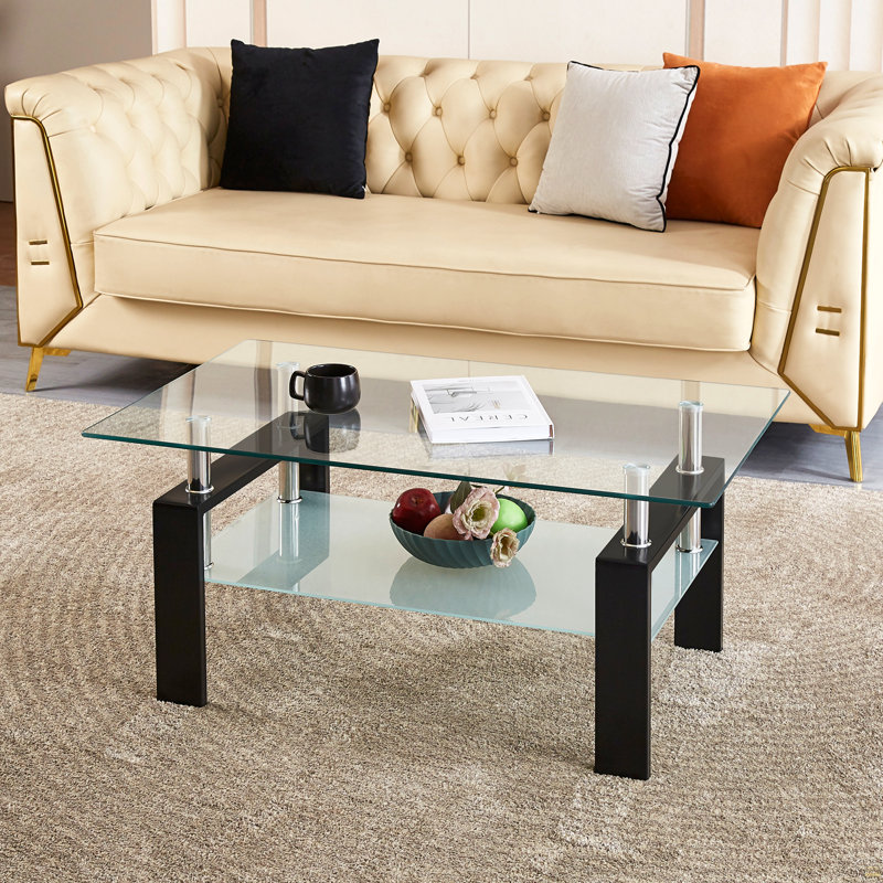 Table basse de salon en verre trempé transparent, 2 couches
