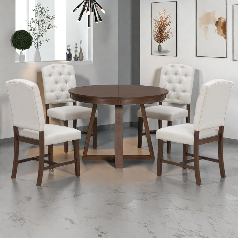 Ensemble de table de salle à manger extensible 5 pièces avec rallonge amovible et 4 chaises capitonnées, Noyer