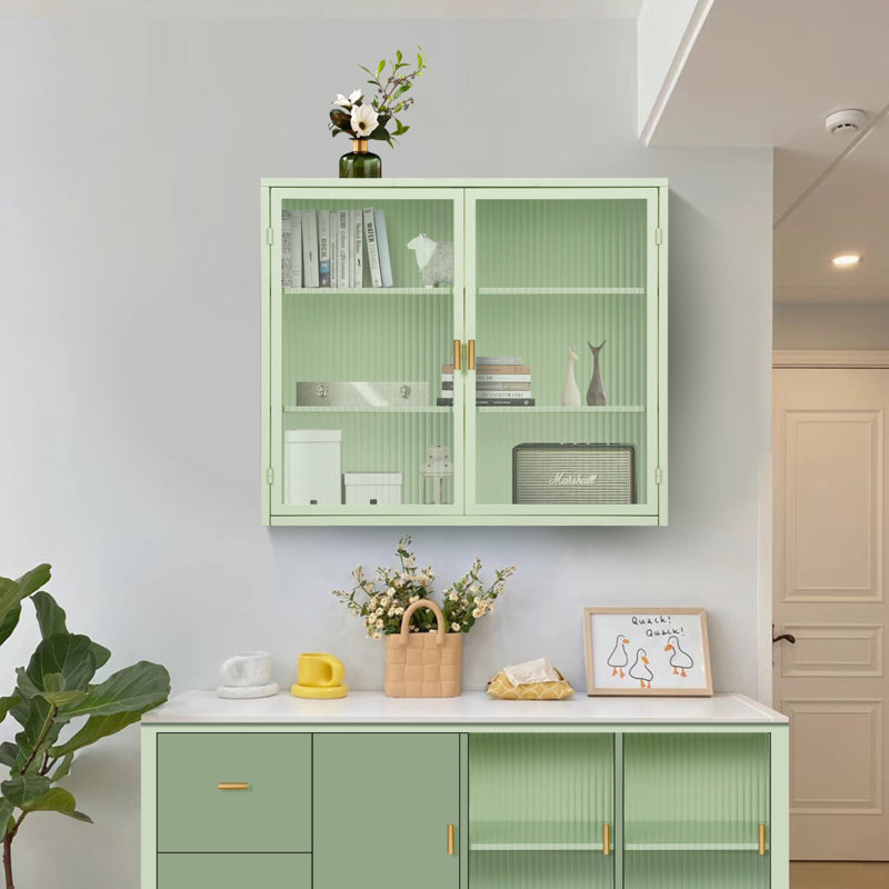 Armoire murale moderne à deux portes en verre avec rangement à trois niveaux, Vert