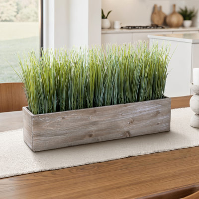 12 Inch Tall Artificial Grass Plant, Faux Greenery in Rectangular Brown Wood Pot for Table Decor