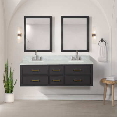 Ensemble de meuble-lavabo double l 60 po x P 22 po Castor, comptoir en marbre de Carrare, ensemble de robinet et miroirs 28 po