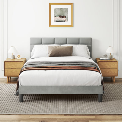 Velvet Upholstered Platform Bed with Headboard