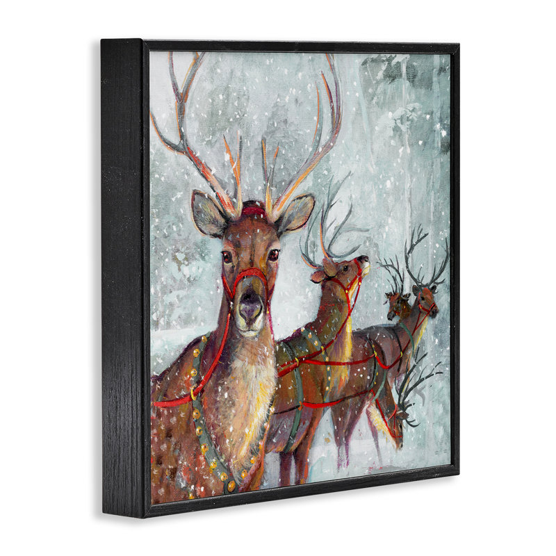 Winter Reindeer Holiday Landscape Canvas Print in Black Frame