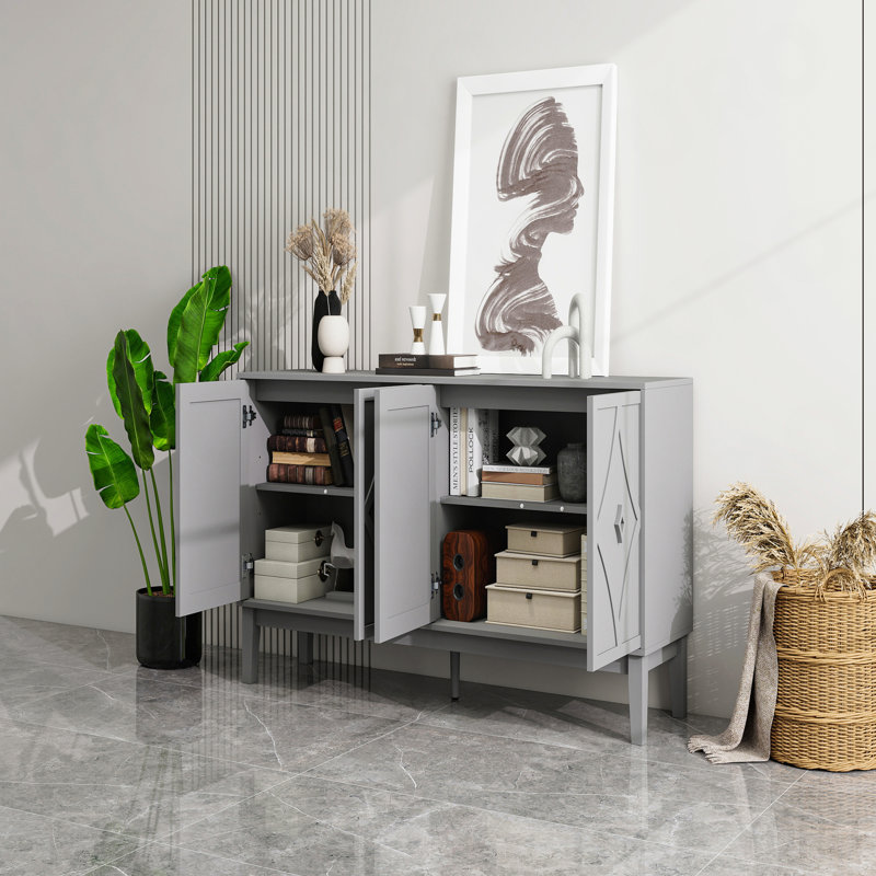 Armoire de rangement rétro à 4 portes, portes sculptées géométriques, chêne noir - standard