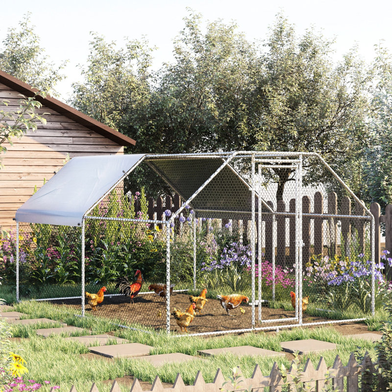 Chicken Run With Waterproof & , 9' X 12' 6.5', Accommodates 8-12 Chickens, Rabbits, Ducks, Galvanized Steel, Lockable Entrance Partition,