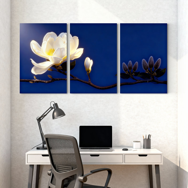 Magnolia blanc sur fond bleu, ensemble de 3 impressions d'art sur toile, H 30 po x l 60 po