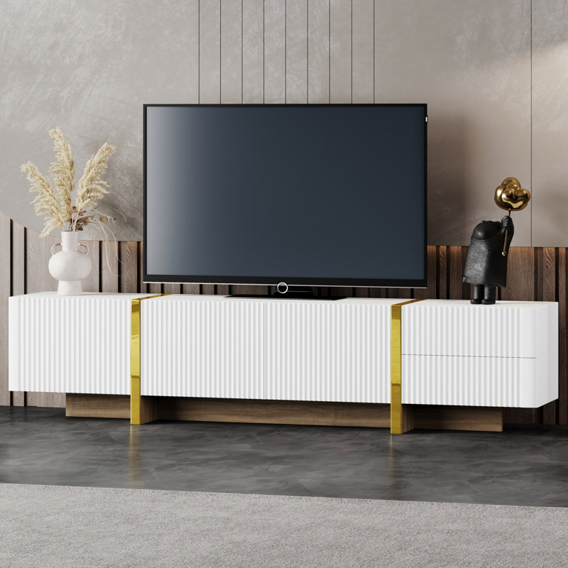 Luxury Fluted TV Stand For Tvs Up To 80'', Modern Entertainment Center With Storage Cabinets, Drawers, And Golden Wood Grain Legs