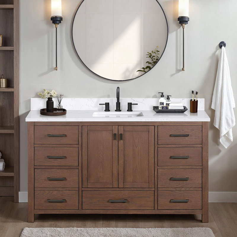 Meuble-lavabo simple 60 po avec plateau Souther, Marbre blanc de Cala, Chêne moka, Noir