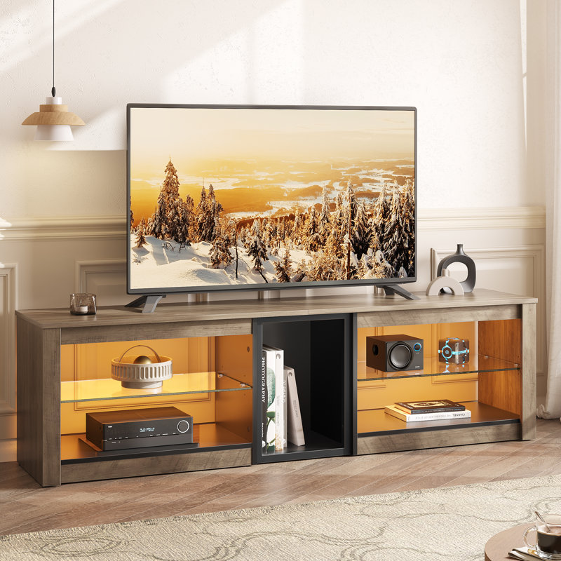 Jakameron TV Stand with LED Lights, Gaming Media Console with Glass Shelves, Gray Wash