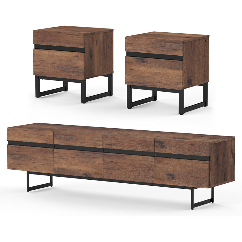 3-Piece Modern Living Room Table Set, 71 Inch TV Stand With Storage Cabinet And End Table Set With 2 Drawers For Living Room, Entertainment Centre, Console TV Table