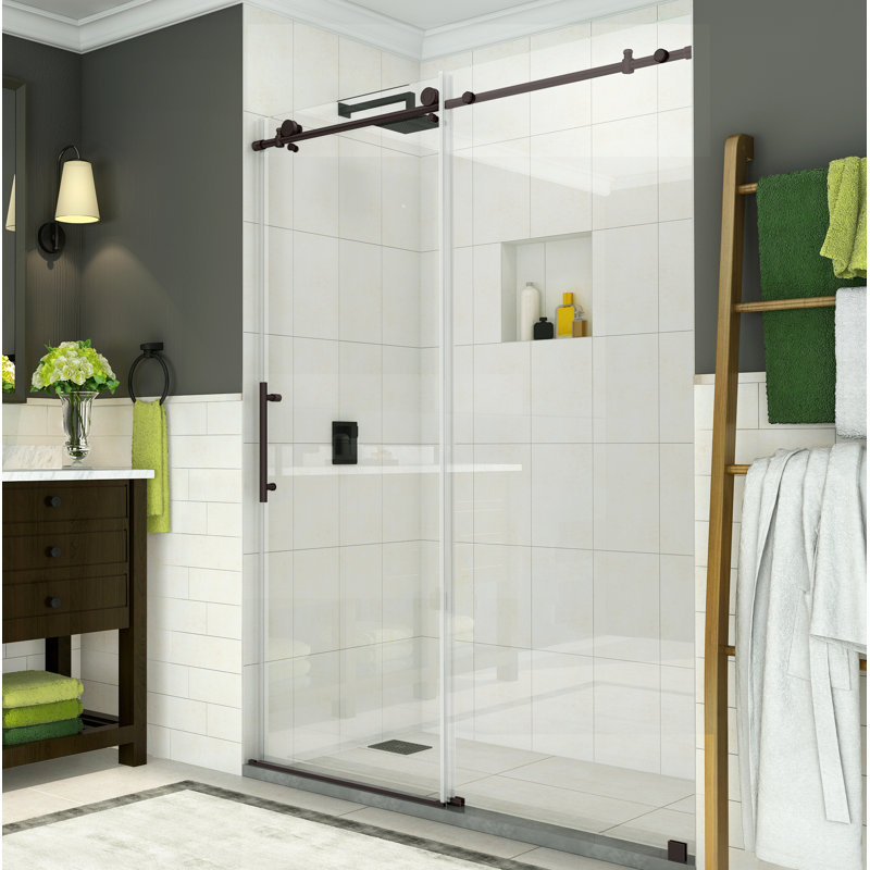 Coraline 75" H Single Sliding Frameless Shower Door, Oil Rubbed Bronze, Clear