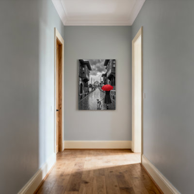 Red Umbrella Woman With Dog On Cobblestone Street Black And White Photo Canvas Wrapped Wall Art Oil Painting Print Set Of 1