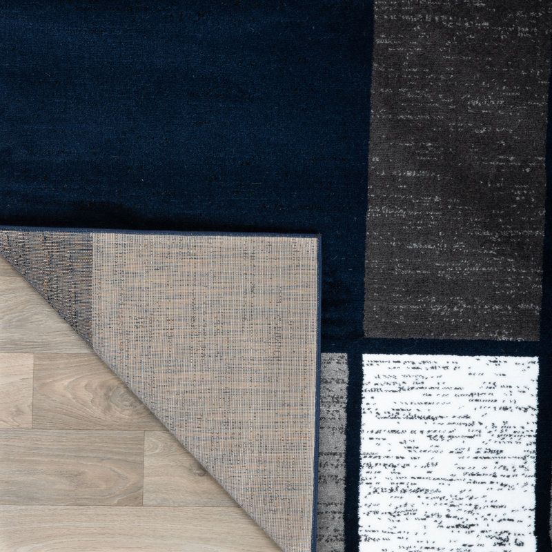 Mehul Woven Geometric Navy/Gray/White Area Rug – Modern, Durable Polypropylene, Medium Pile for Living Room, Bedroom, and Office