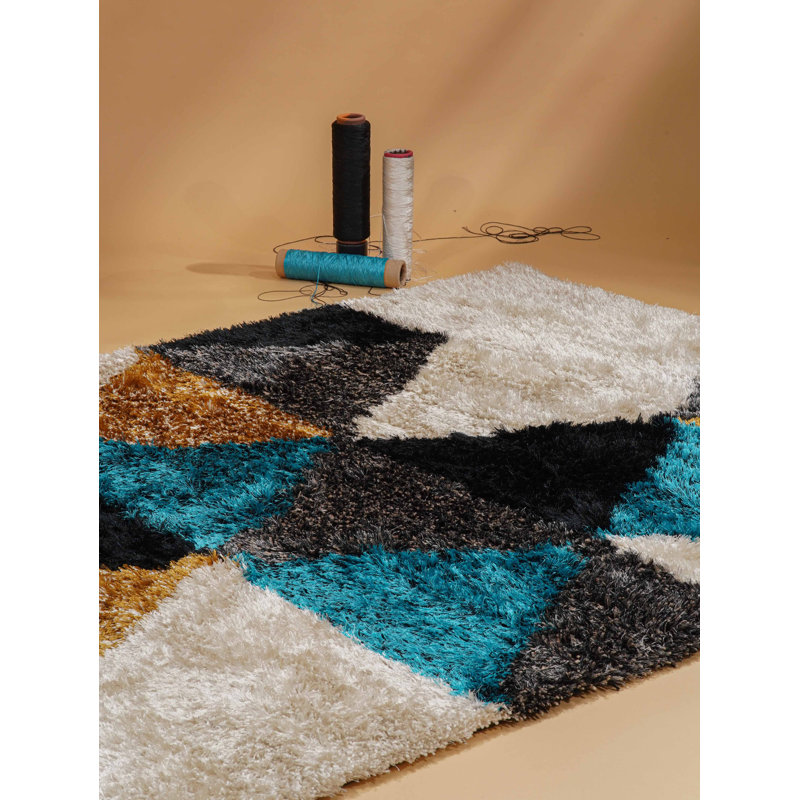 Hand Tufted Shag Polyester Eco-Friendly Area Rugs - Square, Multicolor, Geometric Modern Design, High Pile Thick Handmade Anti Skid Area Rugs for Living Room, Bed Room