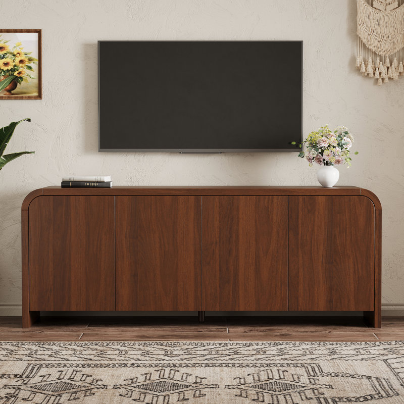 Meuble télé de style ferme à bords arrondis pour téléviseurs jusqu'à 70 pouces, console multimédia avec passe-câbles et tablette ajustable, noyer