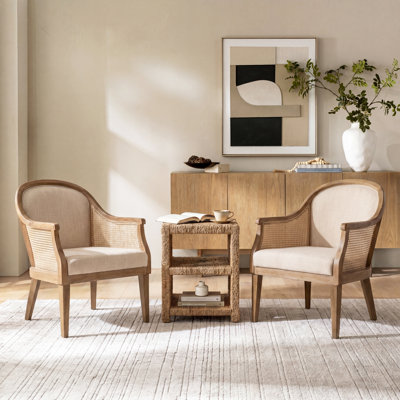 Andel 3-Piece Farmhouse Living Room Set With Rattan Solid Wood Armchairs And Grass Rope End Table