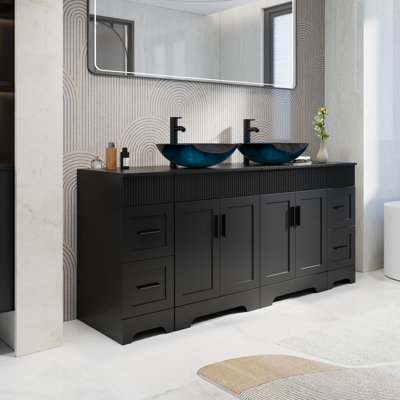 Ensemble de meuble-lavabo double 72 po avec comptoir en bois manufacturé, lavabos vasques, robinets et drains, peinture résistante à l'eau