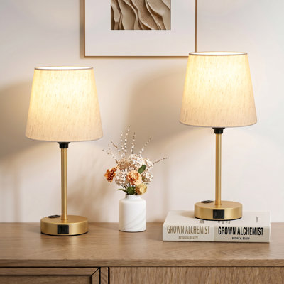 Lampes de table modernes dorées de 15 po pour la chambre à coucher avec contrôle tactile, prise de courant et ports USB-C et A