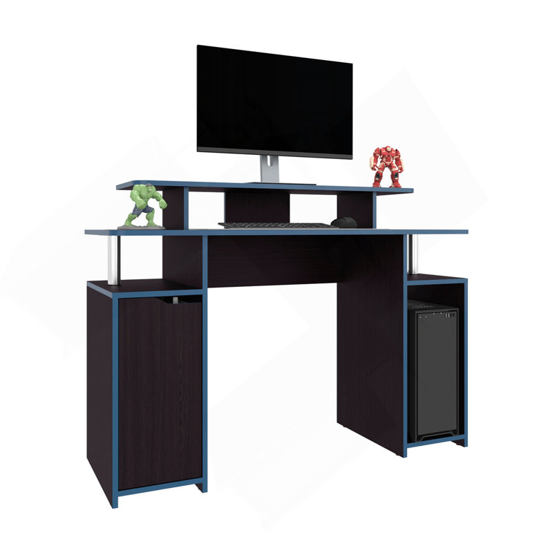 Bureau de jeu, 1 porte, 6 tablettes, wengé noir / bord bleu