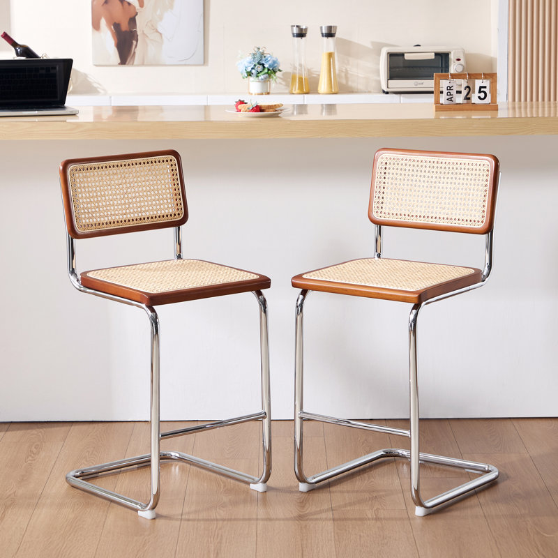 Marlow Modern 24.8" Cane Rattan Cantilever Counter Stools with Metal Frame, Walnut/Silver