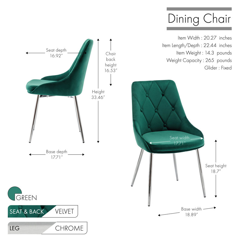 Fabriciano Tufted Velvet Dining Chair with Chrome Legs, Green