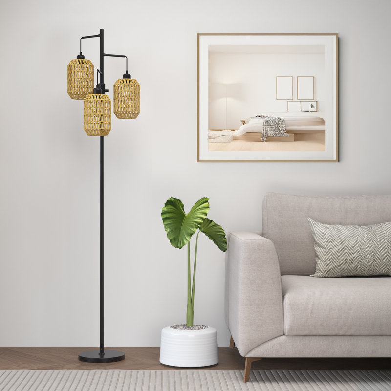 Lampe sur pied en rotin avec 3 ampoules incluses