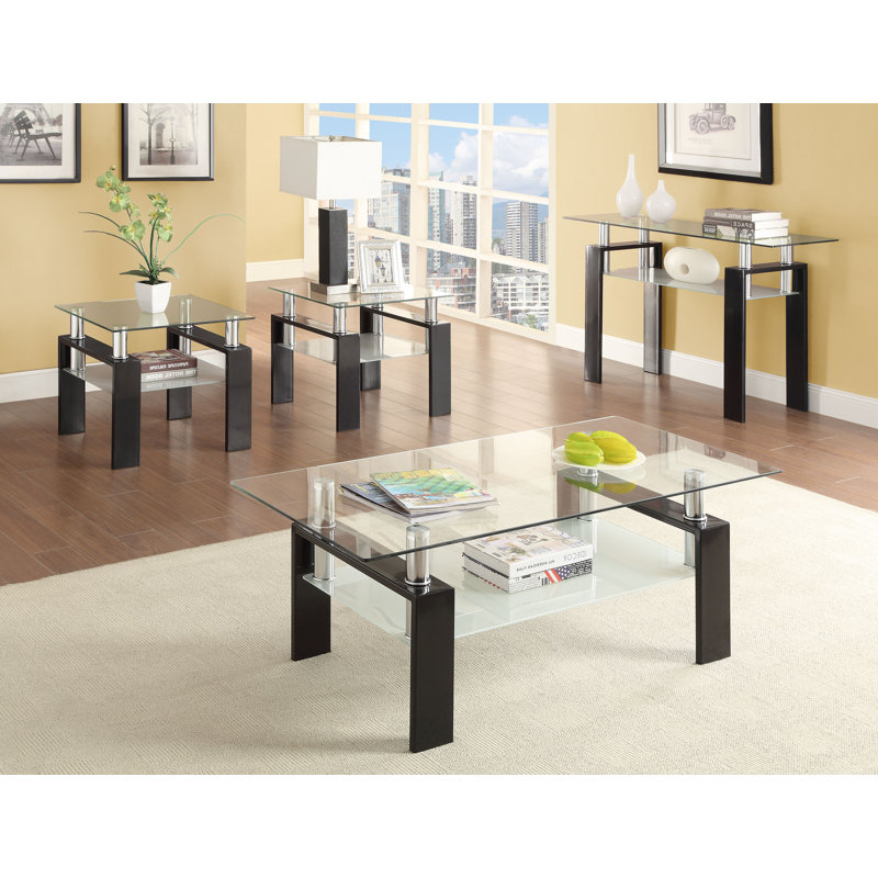 Black Rectangular Glass Coffee Table with Shelf