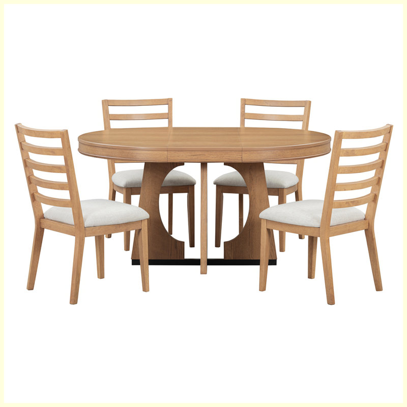 Modern Round Extendable Dining Table Set with 16" Removable Middle Leaf, Natural, Natural