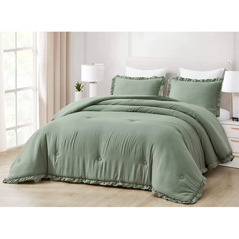 Nora Washed Microfiber Ruffled Comforter Set, Oversized Queen Comforter + 2 Standard Shams, Sage