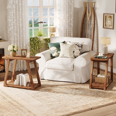 Table d'appoint étroite, table de bout en bois massif avec rangement à 2 niveaux (2 pièces)