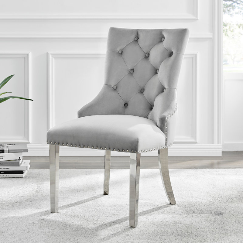 Eubanks Velvet Knockerback Dining Chairs with Metal Rivets and Chrome Legs, Grey, Silver