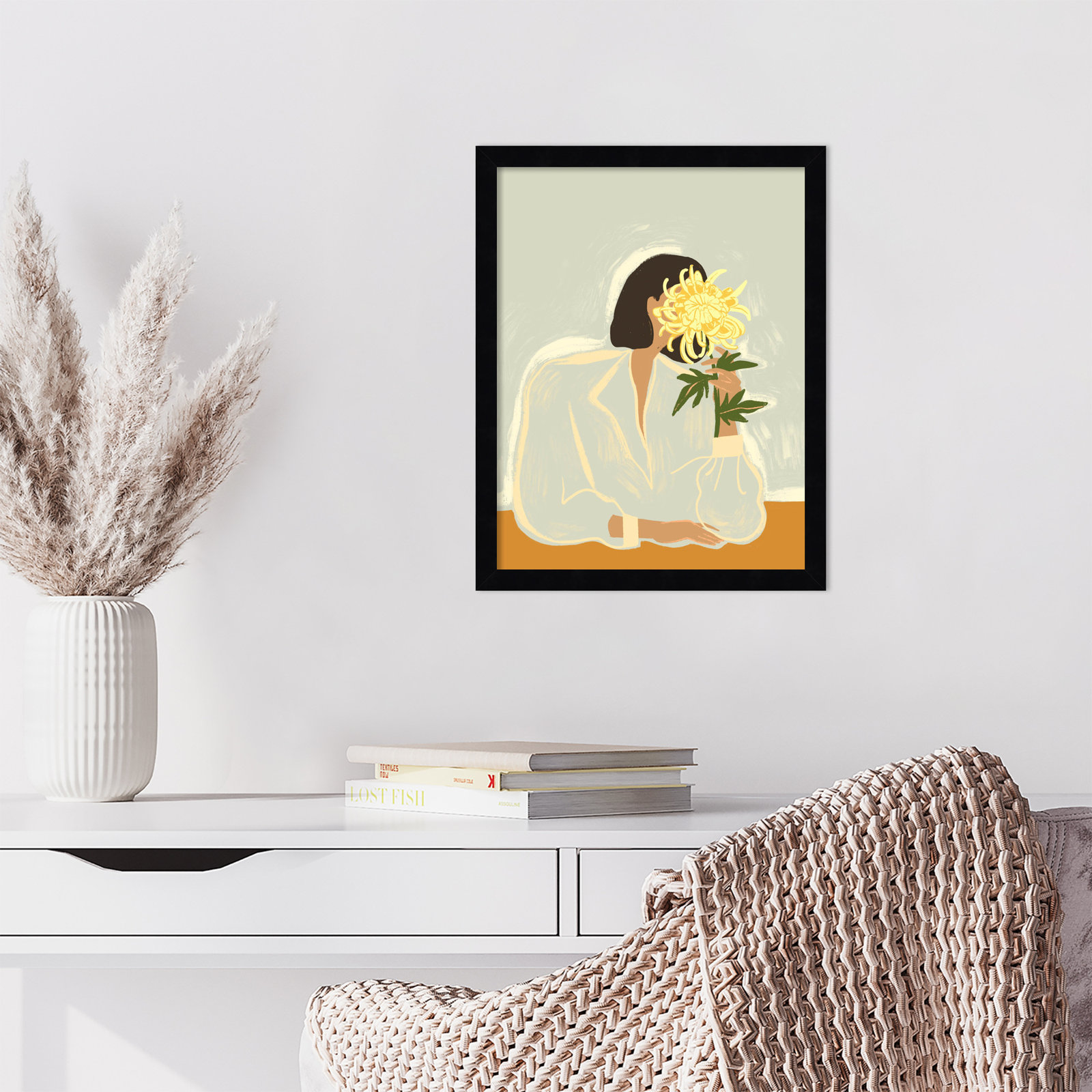Lady With Chrysanthemum by Arty Guava Wood Framed Wall Art Print, Black, 17" H x 14" W
