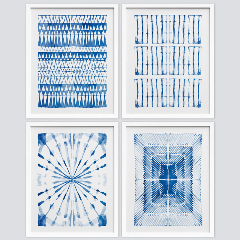 Watercolor Blue Pastel Blue Tie-Dye Patterns - ensemble de 4 reproductions de cadres photo simples, Blanc, H 14 po x l 11 po