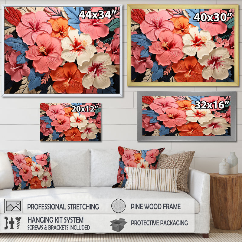 Hibiscus coloré, fleurs, harmonie florale II - Hibiscus, art mural, Toile tendue, H 16 po x l 32 po x P 1 po