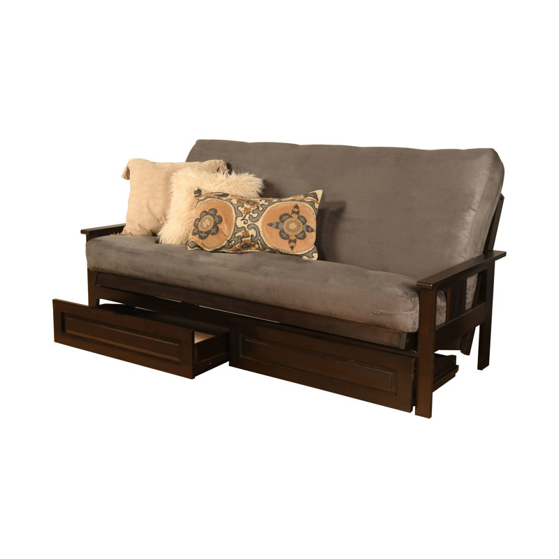 Stratford Full 79" Futon Frame and Mattress with Drawer Set, Gray Microsuede, Butternut
