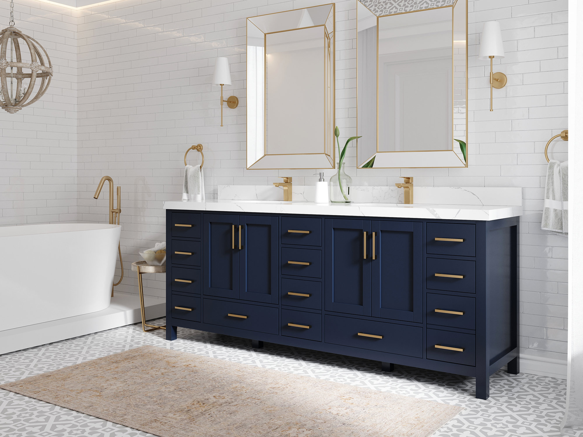 Willow Collections 84 In. W X 22 In. D Malibu Double Sink Bathroom Vanity In Hale Navy Blue With ...