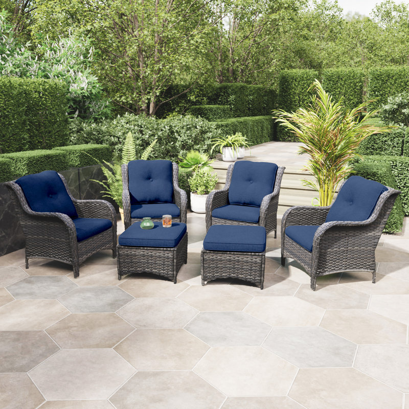 Ensemble de conversation en osier pour 4 personnes avec coussins et repose-pieds, Bleu