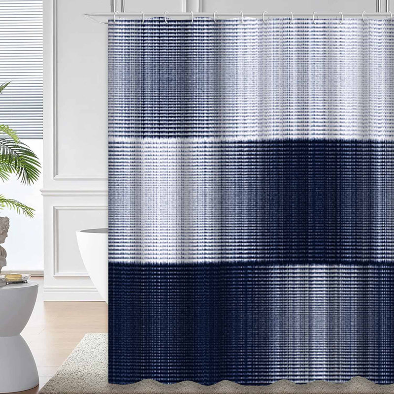 Rideau de douche rayé bleu marine à rayures avec 12 crochets, L 72 po x l 78 po