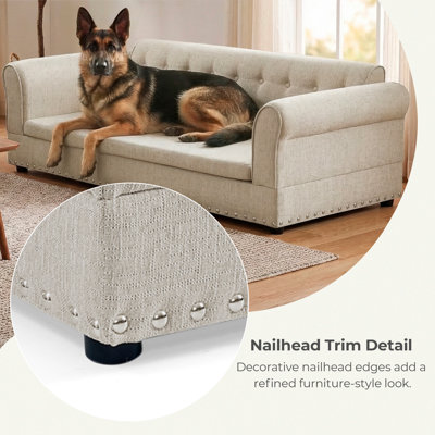 Oversized Dog Sofa Bed With Tufted Backrest & Nailhead Trim, Linen Fabric Pet Sofa Couch With Armrests & Backrest, Elevated Rectangular Dog Bed For Large & Medium Dogs