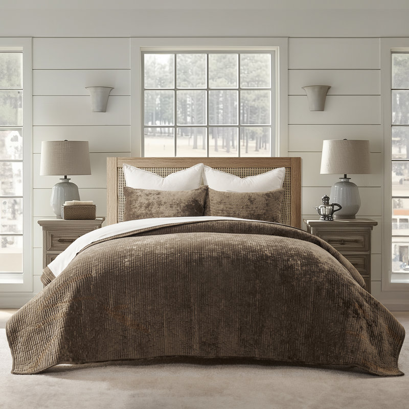 Striped Channel Velvet Quilt Set, Mushroom Brown, Queen