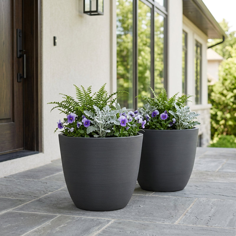 Tahmina Ribbed Round Composite Planter Set, Charcoal, 11" H x 14" W x 14" D, 2
