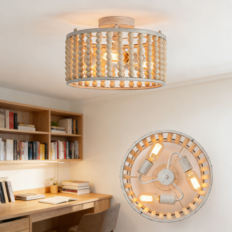 Luminaire de lustre semi-encastré en perles de bois, plafonnier boho rustique à 3 lumières avec perles enfilées à la main pour chambre à coucher, cuisine, salon, chambre de bébé