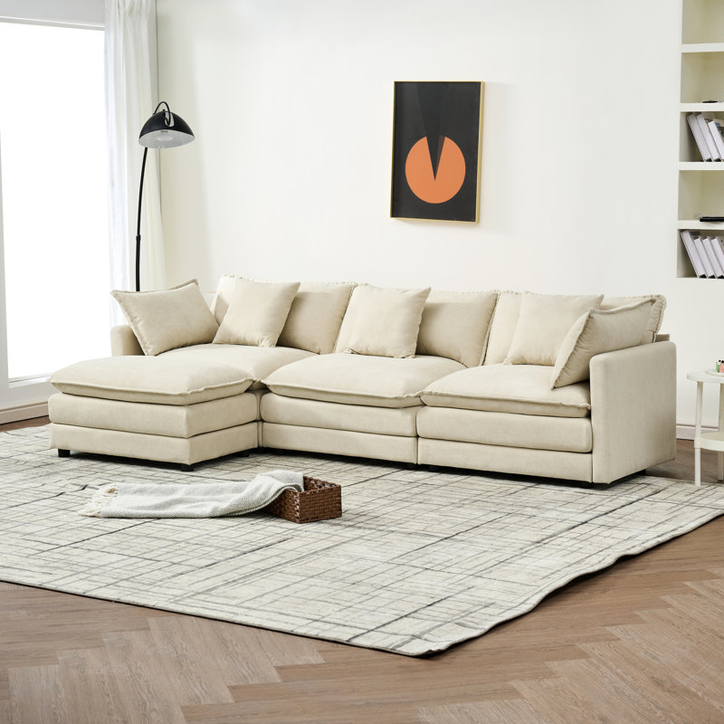 Confortable combinaison modulaire à 3 places Cloud, en forme de L de 110 po, revêtement, assise souple moyenne, structure en eucalyptus, convient au salon modulaire avec dossier, beige, accoudoirs carrés, mousse