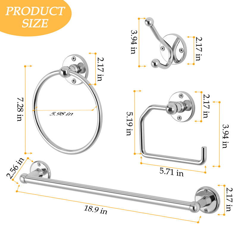 Ensemble de 4 pièces de quincaillerie de salle de bain murale en chrome poli, Argent