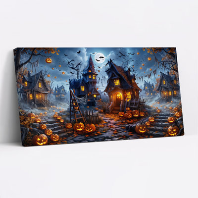 Toile hantée avec fenêtres et citrouilles d'Halloween