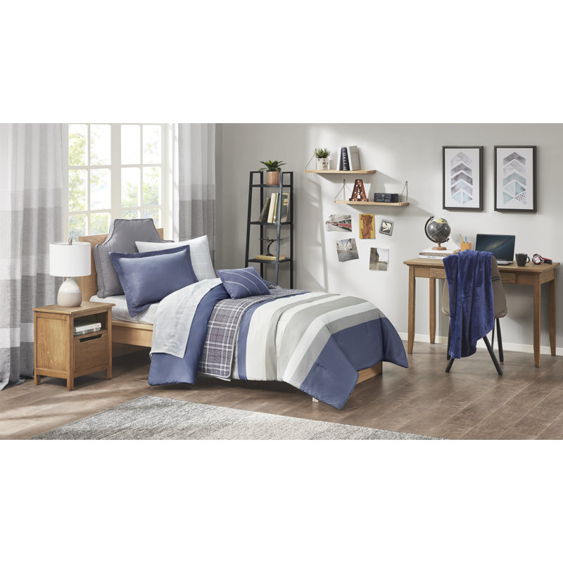 Twin Blue Striped Polyfill Comforter and Sheet Set